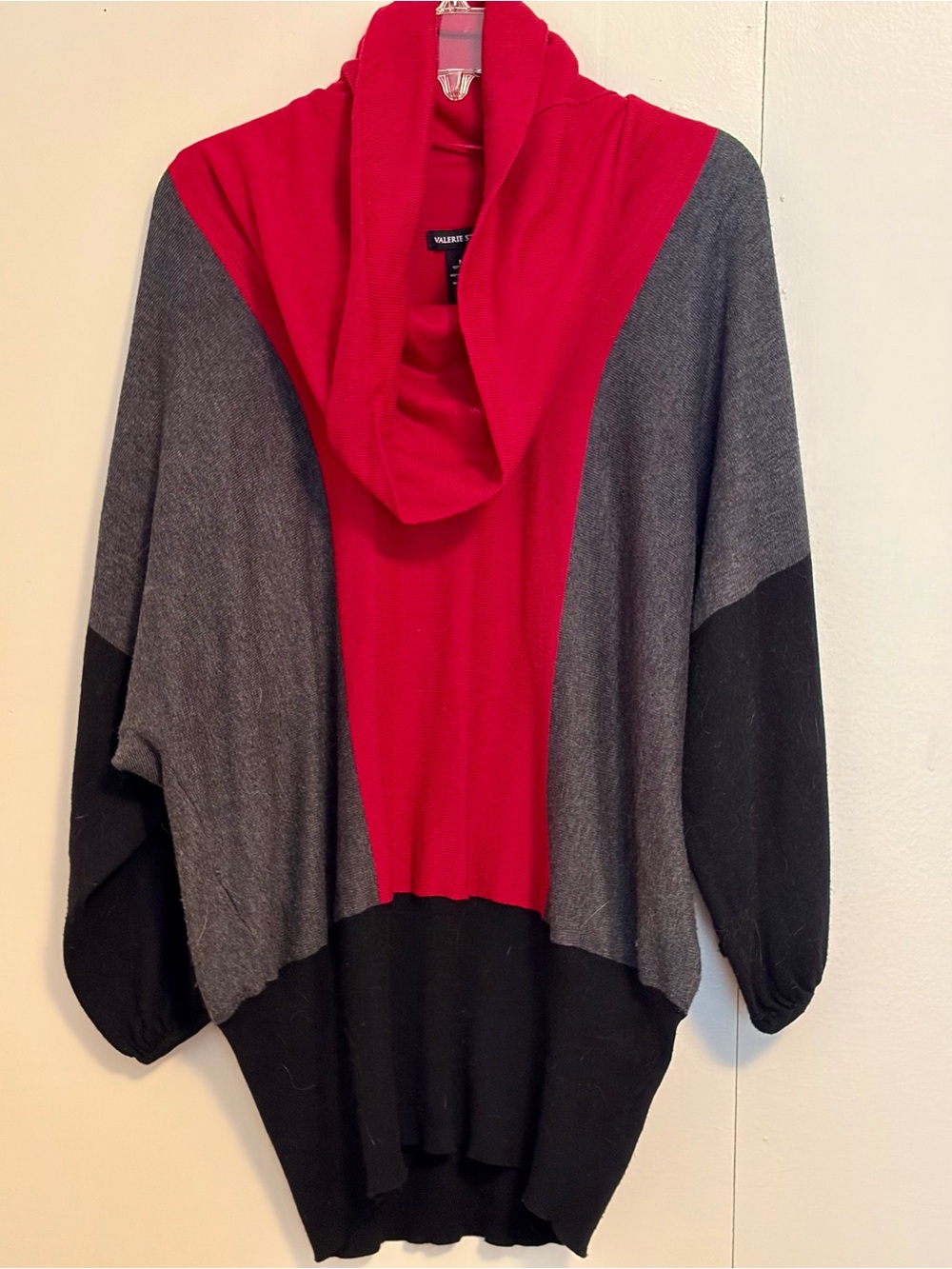 Valerie Stevens Colorblock Cowl Neck Sweater in Red, Gray & Black